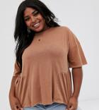 Asos Design Curve Smock Top With Hem Detail In Wash-beige