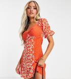 Influence Petite Puff Sleeve Front Tie Dress In Mixed Red Floral