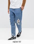 Asos Skater Jeans In Vintage Mid Wash Blue With Heavy Rips - Blue