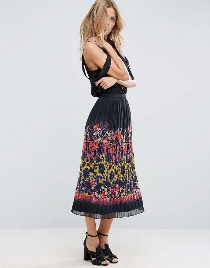 Asos Pleated Midi Skirt In Floral Numeral Print - Multi