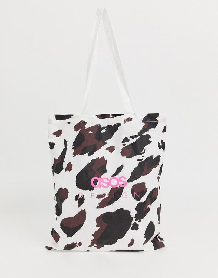 Asos Design Branded Cotton Shopper In Cow Print - Multi