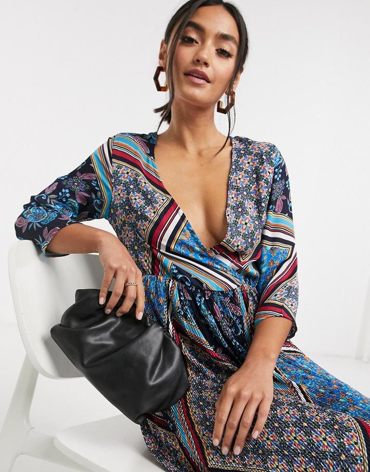 Liquorish Pleated Midi Dress In Blue Patchwork Print-multi