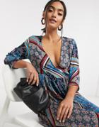 Liquorish Pleated Midi Dress In Blue Patchwork Print-multi