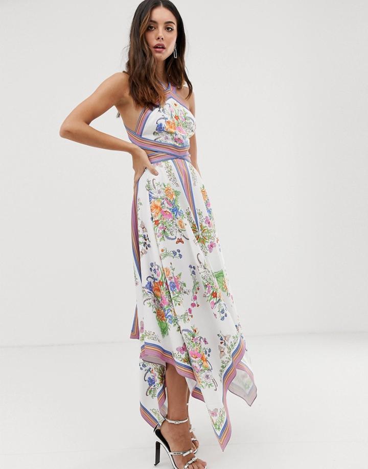 Asos Edition Scarf Print Halter Midi Dress With Cutout Sides-multi