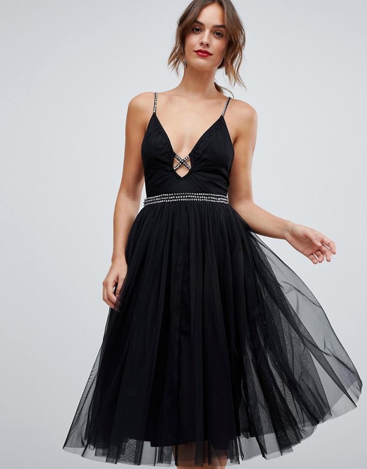 Asos Design Tulle Midi Dress With Rhinestone Straps-black