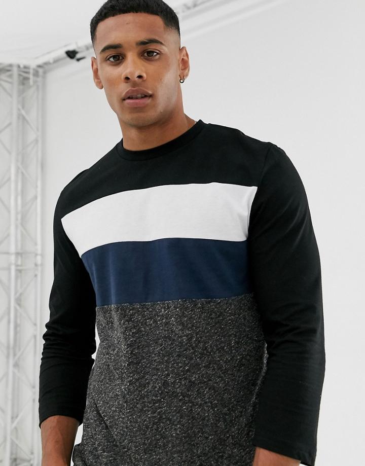 Asos Design 3/4 Sleeve T-shirt With Color Block In Linen Mix - Black
