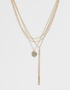 Asos Design Multirow Lariat Necklace With Vintage Style Star And Coin Pendants In Gold Tone - Gold