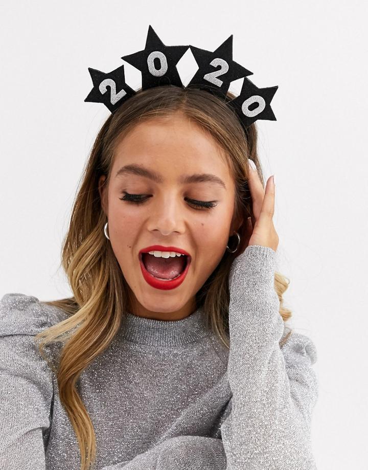 Asos Design Holidays Headband With New Year 2020 And Stars In Black Glitter-silver