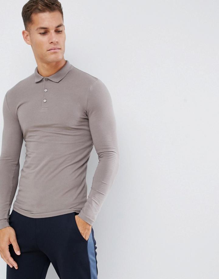 Asos Design Muscle Fit Long Sleeve Polo In Jersey In Beige - Beige