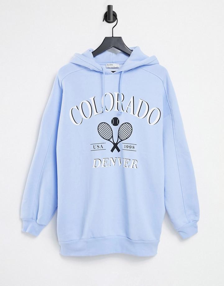 Bershka Varsity Oversized Hoodie In Light Blue-blues