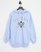 Bershka Varsity Oversized Hoodie In Light Blue-blues