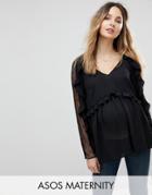 Asos Maternity Exclusive Lace Insert Top With Ruffle - Black