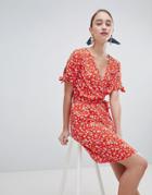 New Look Floral Print Tie Waist Dress - Red