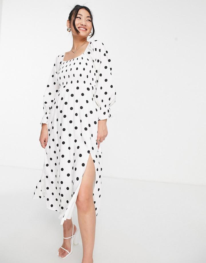 Style Cheat Shirred Balloon Sleeve Midi Dress In Polka Dot-white