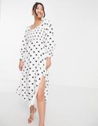 Style Cheat Shirred Balloon Sleeve Midi Dress In Polka Dot-white