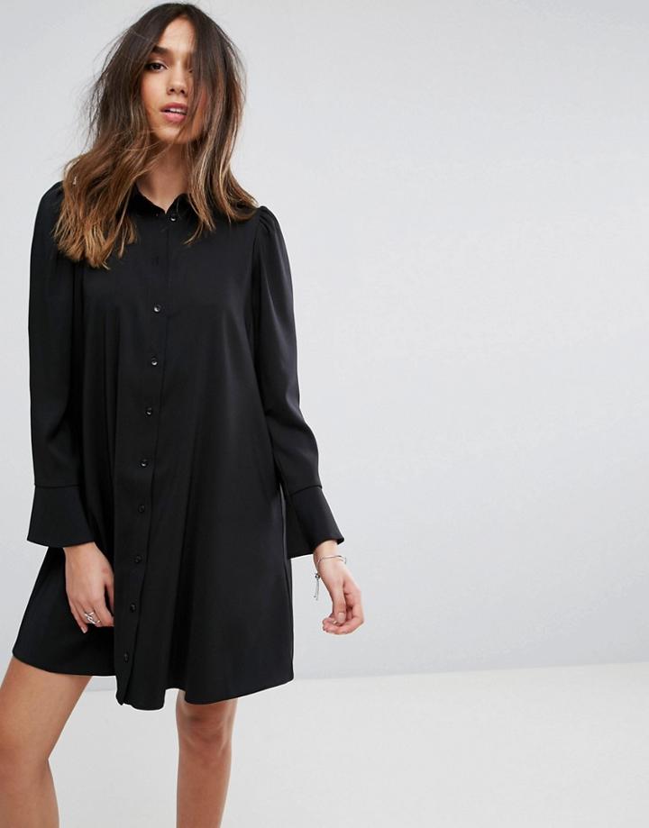 Asos Design Long Sleeve Shirt Mini Dress - Black