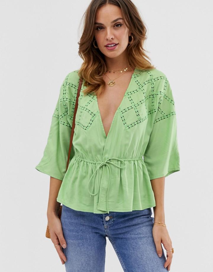 Asos Design Wrap Top With Lace Insert Detail - White