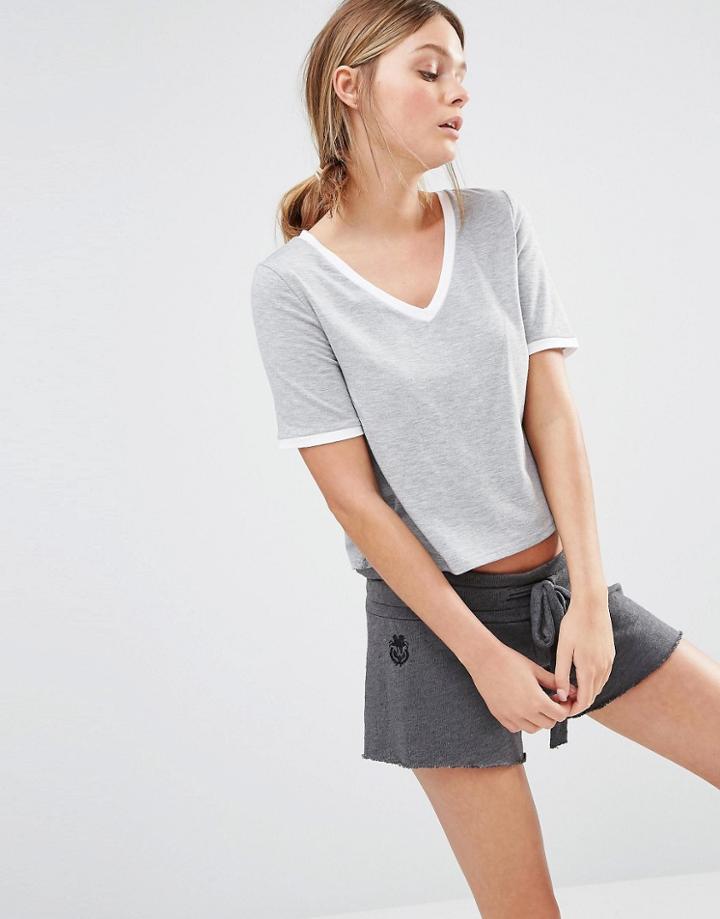 New Look Tipped V Neck T-shirt - Gray