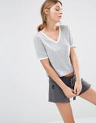 New Look Tipped V Neck T-shirt - Gray