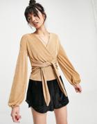 Closet London Tie Front Kimono Blouse In Camel-brown