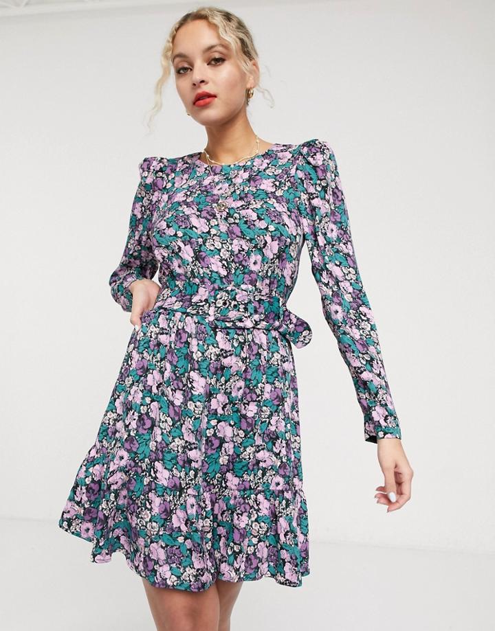 & Other Stories Floral Print Belted Mini Dress In Multi-pink