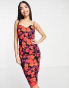 Vesper Cami Strap Body-conscious Dress In Orange Floral Print-multi