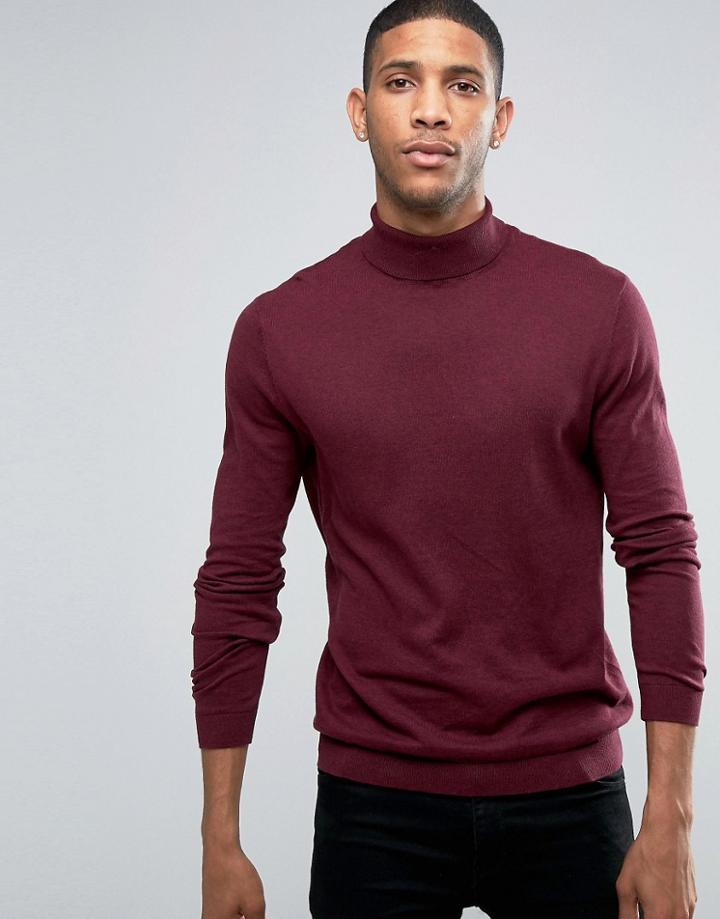Asos Cotton Roll Neck Sweater In Burgundy - Red