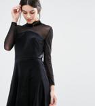 True Decadence Petite Mini High Neck Velvet Skater Dress With Mesh Sleeve Detail - Black