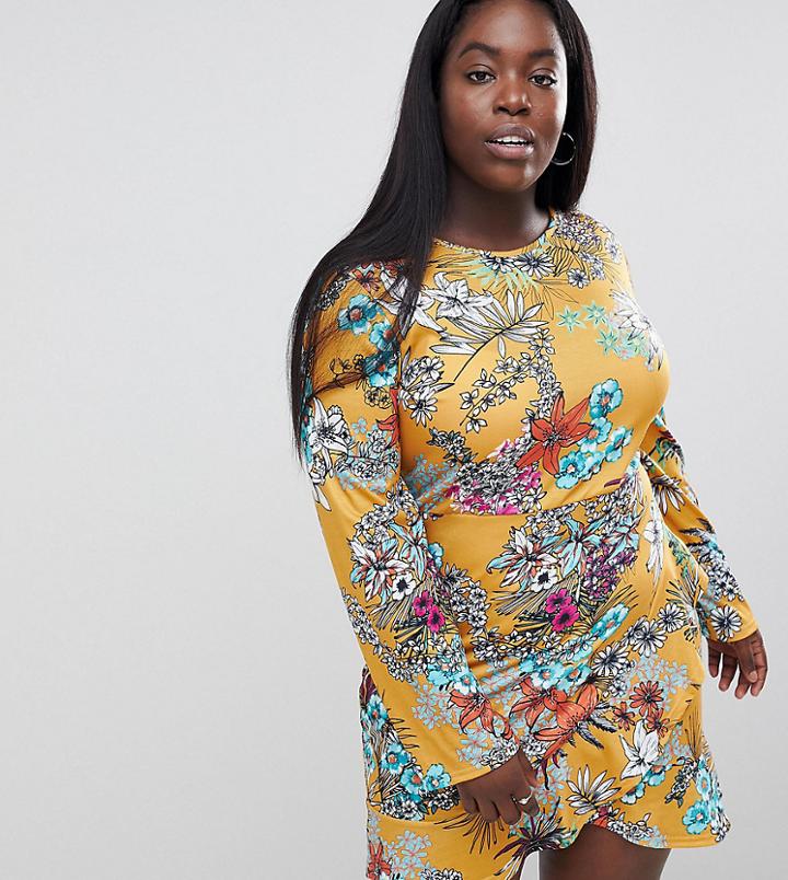 Club L Plus Long Sleeve Printed Dress - Yellow
