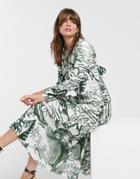 Asos White Printed Tie Back Midi Dress-gray