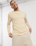 Asos Design Long Sleeve T-shirt With Crew Neck In Beige-brown