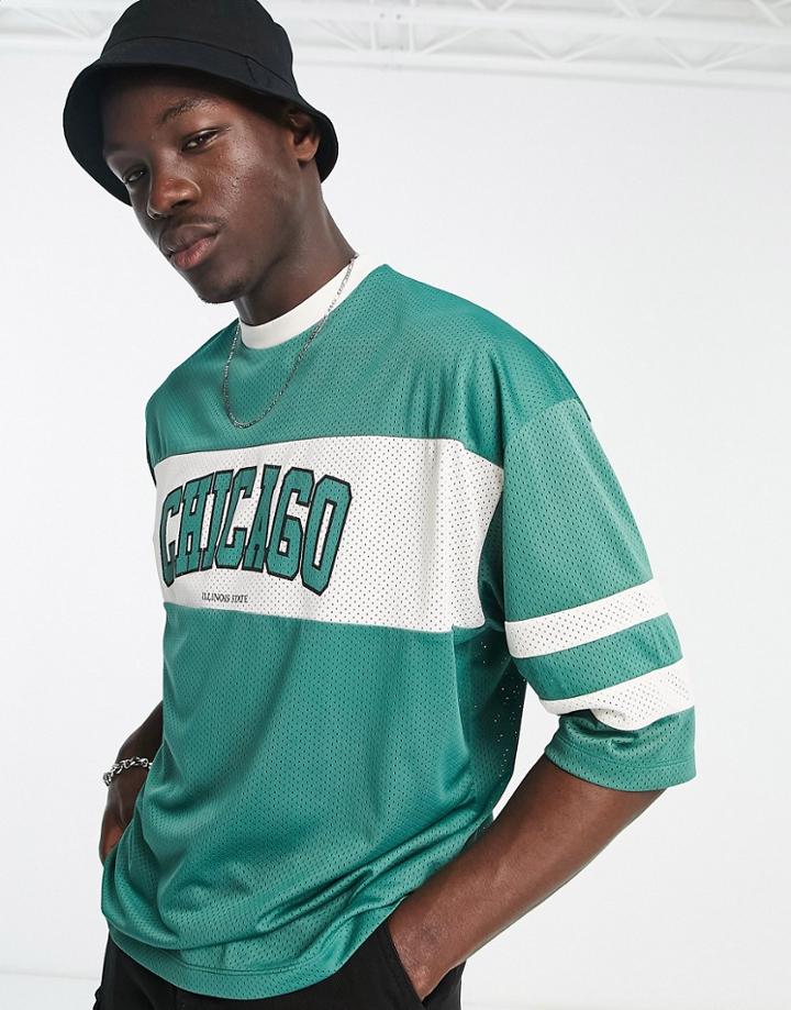 Asos Design Oversized T-shirt In Green Color Block In Mesh With Chicago City Print