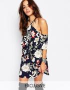 Milk It Vintage Cold Shoulder Dress In Hawaiian Floral Print - Navy
