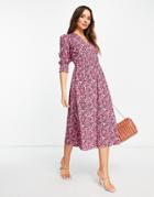 Whistles Long Sleeve Midi Dress In Pink Floral