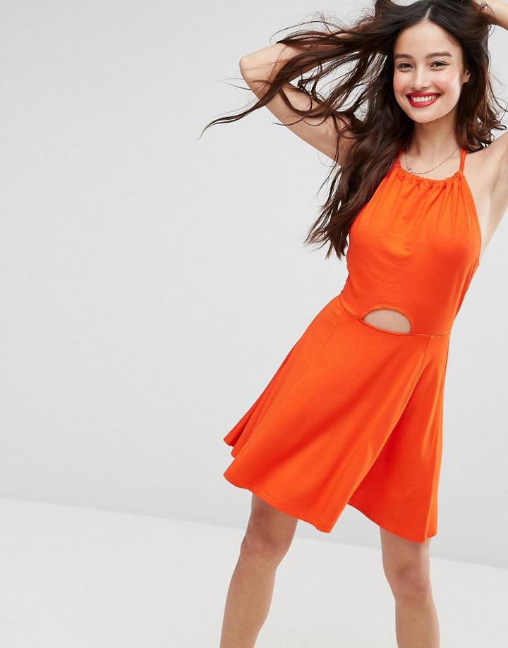 Asos Mini Swing Halter Neck Sundress With Cut Out - Orange