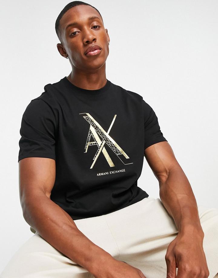 Armani Exchange Center Logo T-shirt In Black & Gold