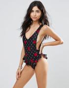 Motel Floral Frill Swimsuit - Black