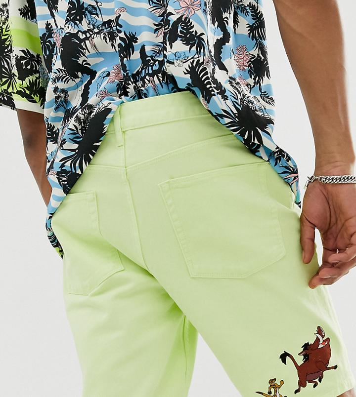 Disney The Lion King X Asos Design Slim Denim Shorts With Timon And Pumba Embroidery-yellow