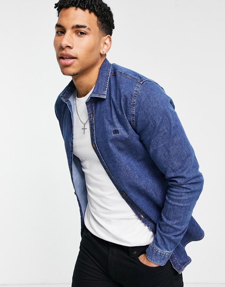 River Island Long Sleeve Denim Shirt In Blue-blues