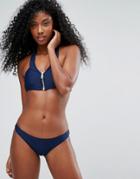 South Beach Halter Neck Gold Zip Front Bikini Set - Navy