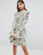 Asos Embroidered Fluted Sleeve Skater Mini Dress - Green