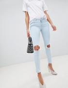 Asos Design Whitby Low Rise Skinny Jeans In Philomena Light Ice Stone Wash With Busted Knees-blue