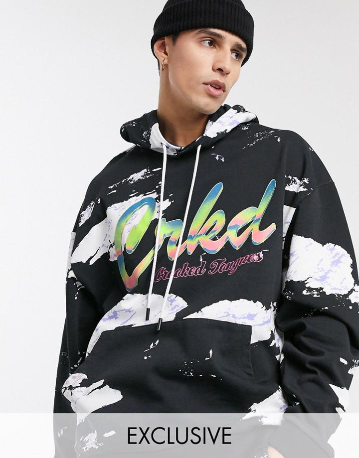Crooked Tongues Oversized All Over Mountain Print Hoodie-black