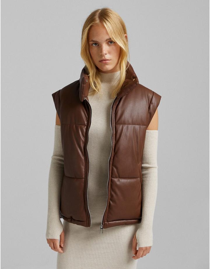 Bershka Faux Leather Vest In Chocolate Brown