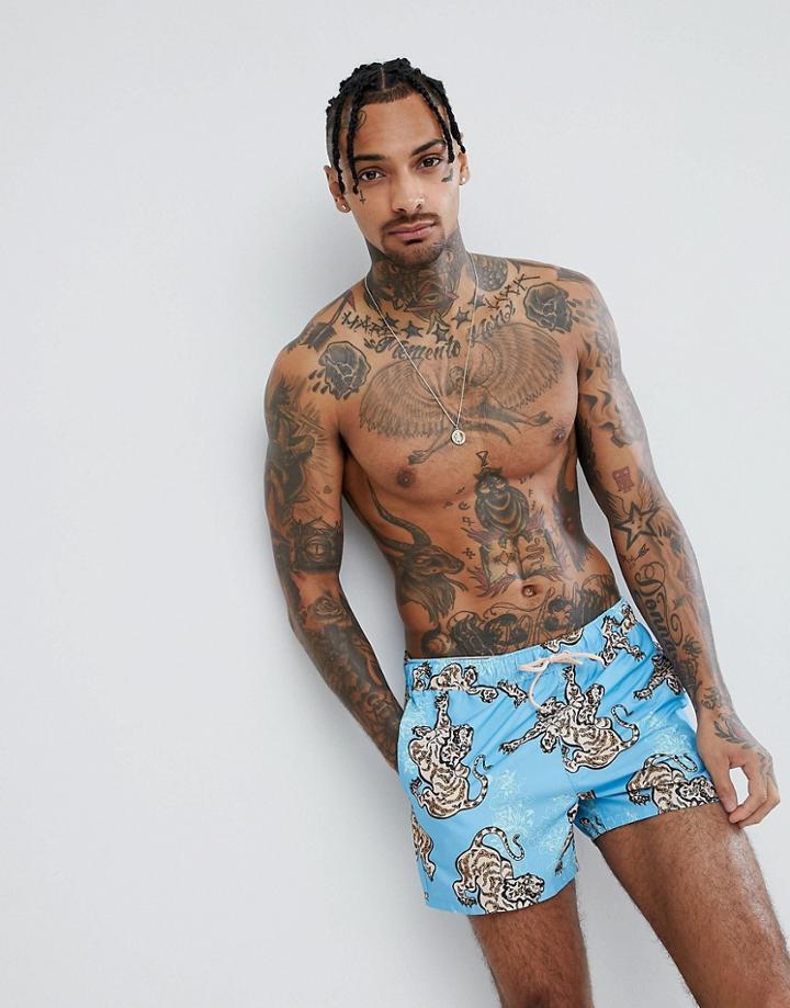 Asos Swim Shorts In Tiger Print Short Length - Blue