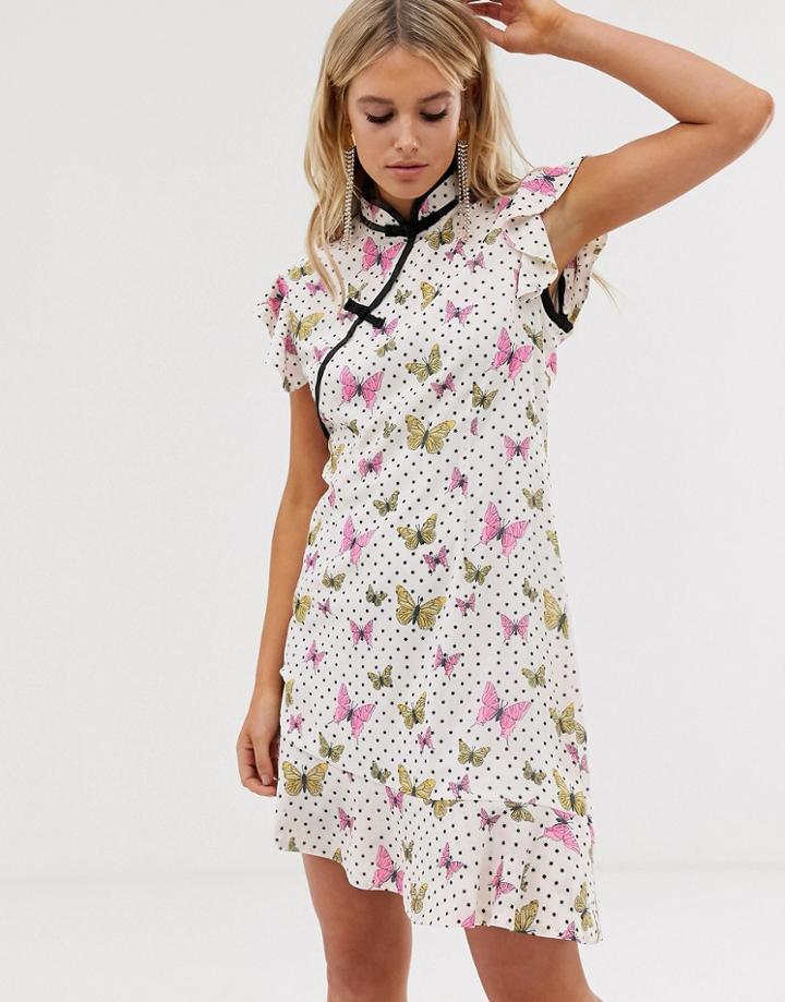 Sister Jane Mini Dress With Peplum Hem And Frogging In Butterfly Spot - White
