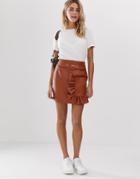 Asos Design Leather Look Mini Skirt With Ruffle Pocket-brown