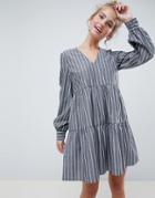 Asos Design Tiered Cotton Smock Mini Dress With Long Sleeves In Stripe - Multi