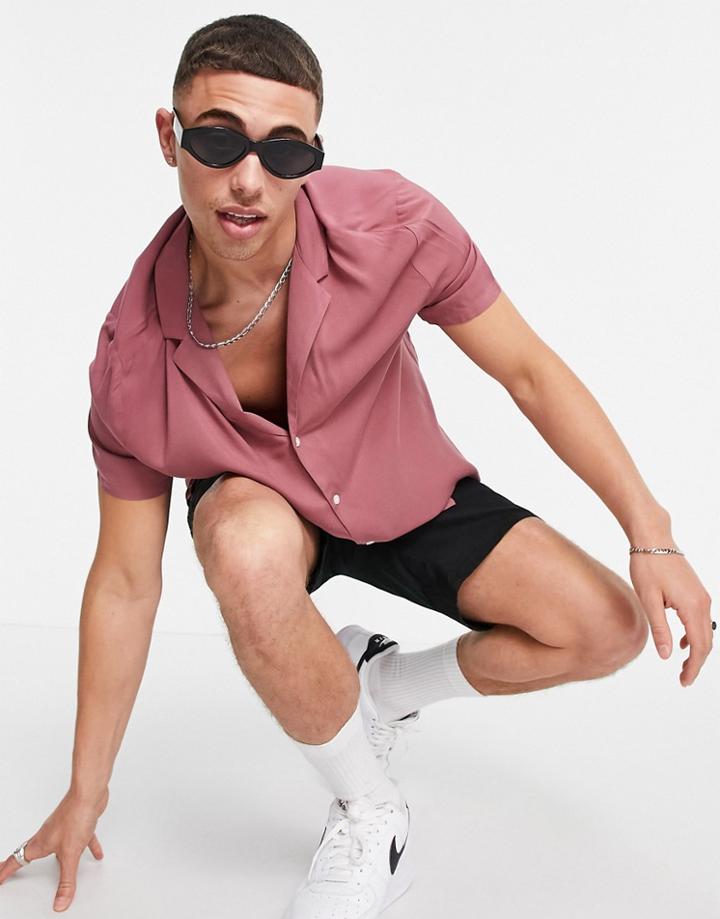 Asos Design Relaxed Viscose Shirt With Revere Collar In Raspberry-red