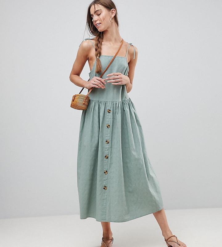 Asos Tall Midi Button Through Sundress - Green
